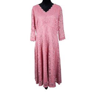 Womens Elegant Pink Lace Midi Dress Size XL Scalloped V-Neckline & 3/4 Sleeves